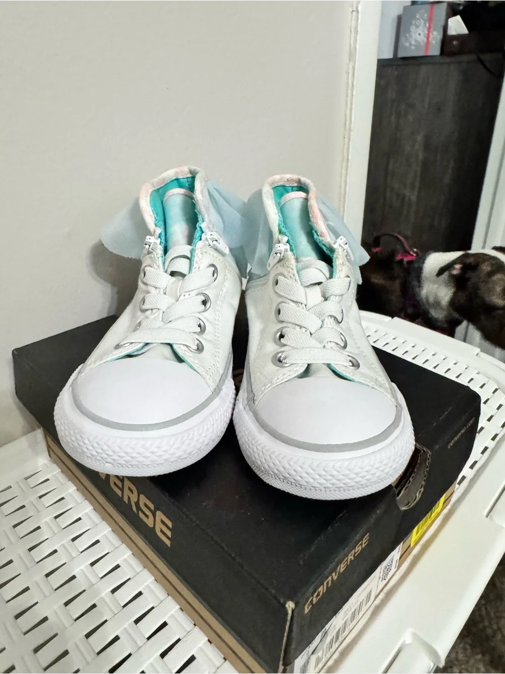 Converse Kids White High-Top Sneakers with Pastel Blue and Pink Accents